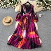 Holiday style purple flower print dress women's spring long-sleeved high-waisted A-shaped skirt waist lotus leaf edge long dress