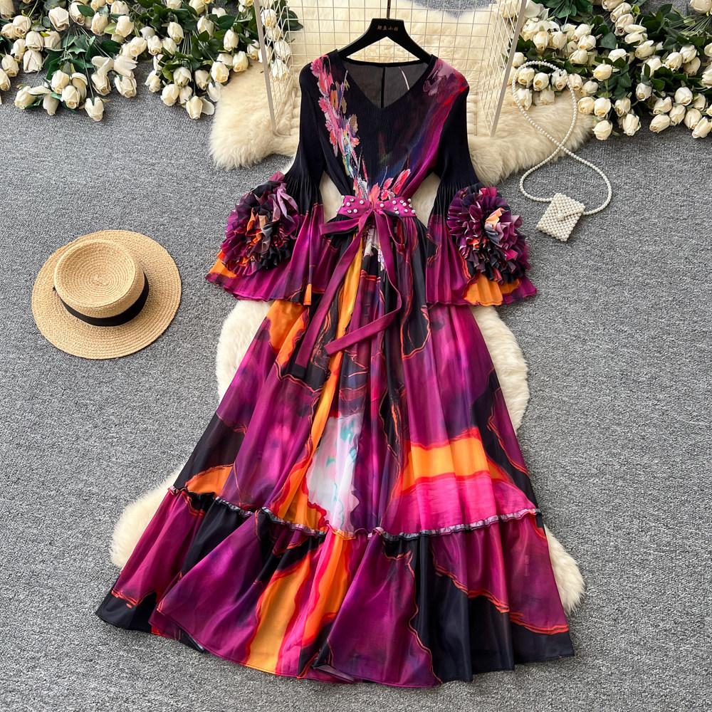 Holiday style purple flower print dress women's spring long-sleeved high-waisted A-shaped skirt waist lotus leaf edge long dress