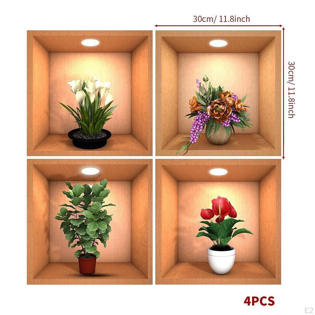 4 Pieces 3D Potted Plants Wall Sticker, Green Leaves Decals, Art Decor
