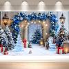Blue Christmas Backdrop Snowy Arch Blue Silver Garland Christmas Trees Ice Reindeer Lanterns Winter Photography Background