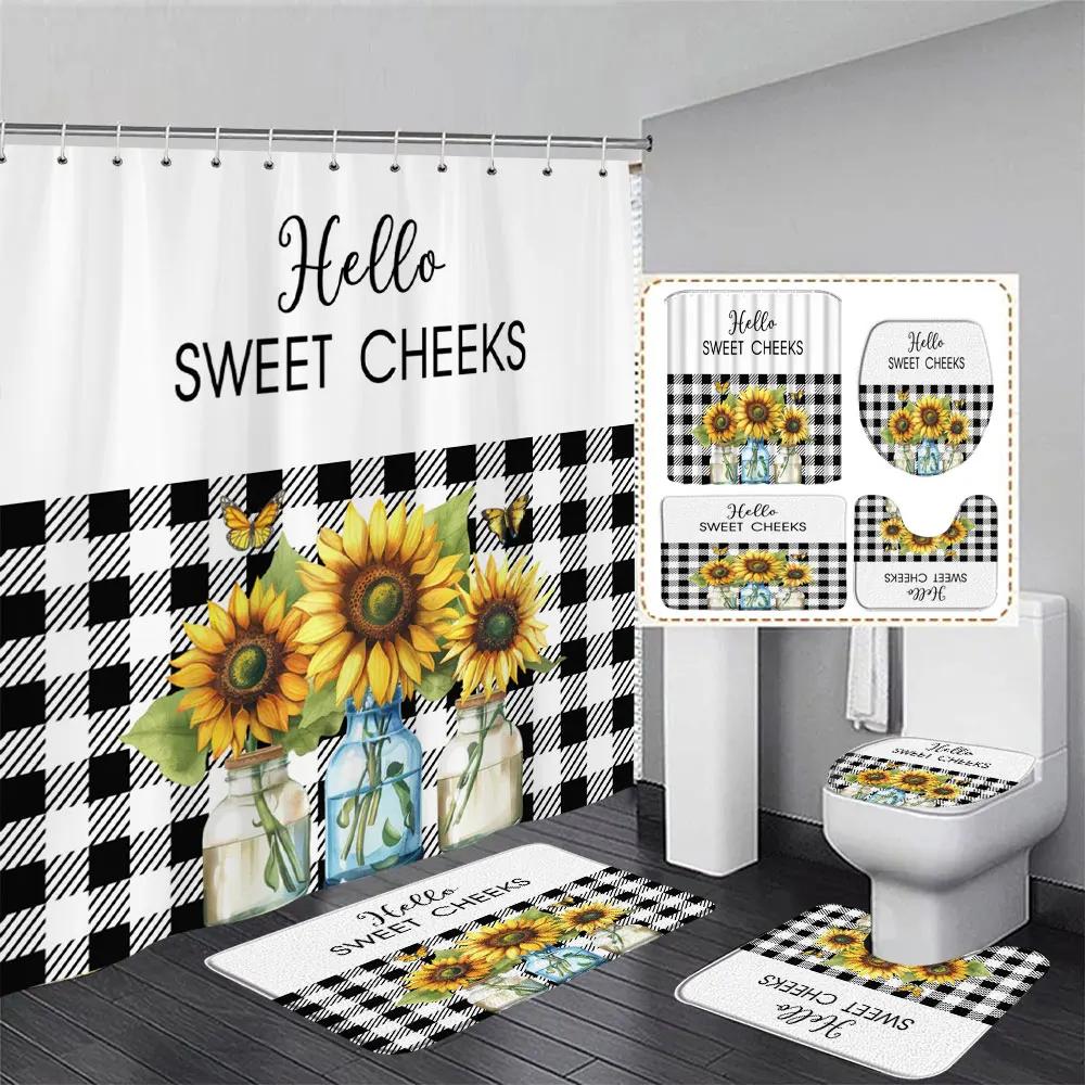 Tulip Flower Basket Rustic Wood Panel Shower Curtain And Rug Bathroom Set Home Washable Hanging Curtain Bath Mats Bathroom Decor