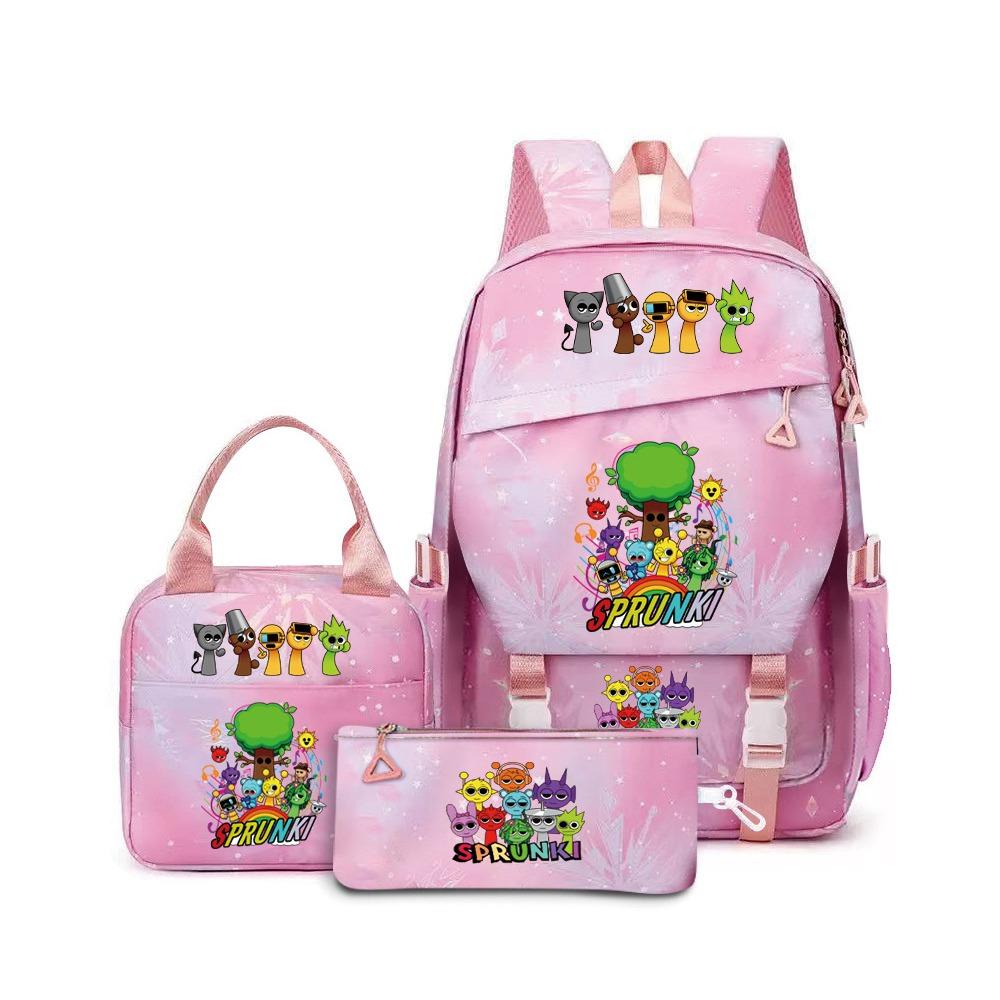 Rhythm box music game heat transfer backpack Sprunki pink schoolbag portable lunch bag stationery pencil case D