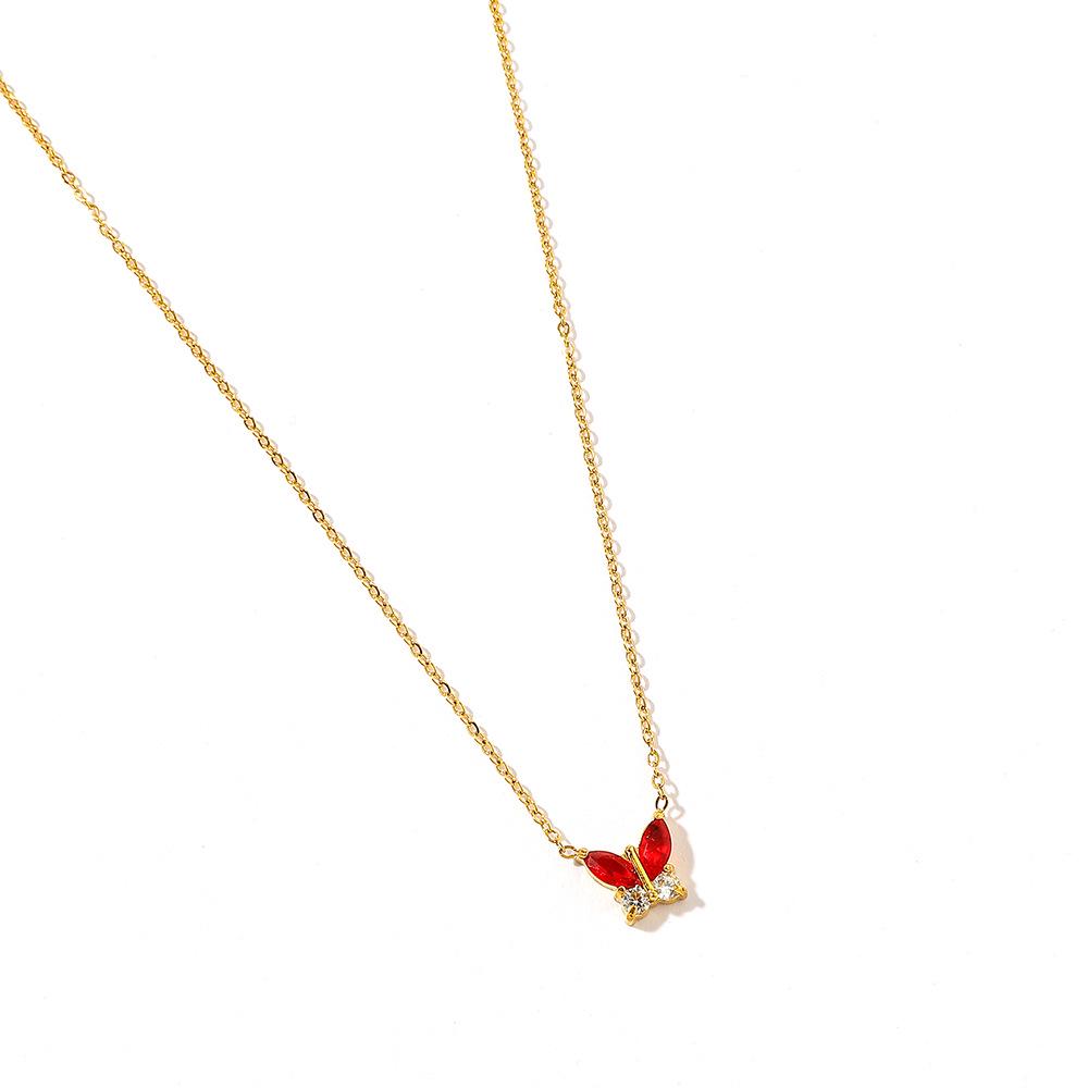 Red Butterfly Zircon Necklace in Stainless and Titanium Steel, 18K Gold-Plated, Colorfast, European-American Style for Women.