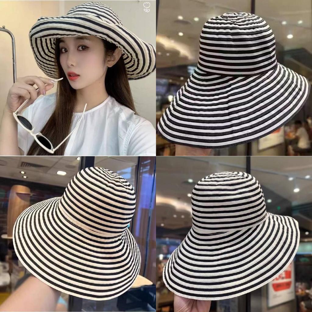 Foldable Women Striped Sun Bucket Hat Fashion Summer Sunshade Cap Breathable