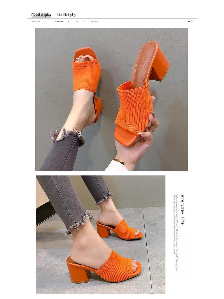 2024 Women's Fashion Chunky Heel Knit Wool Square Toe Sandals & Slippers