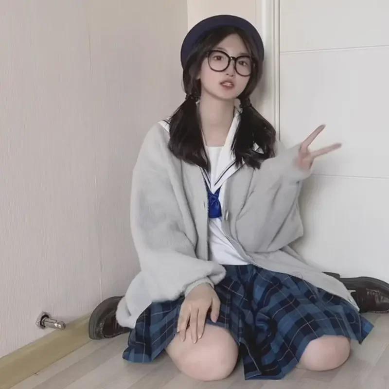 Women's Small Japanese JK Furry Knitted Sweater Cardigan - Soft, Warm, Long-Sleeved for Autumn/Winter
