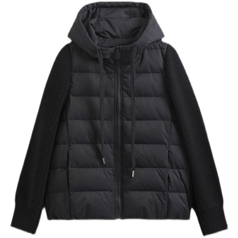 High-End-Daunenjacke aus weißer Entendaunen, kurze Daunenjacke für Damen, Winter, neues Modedesign, Spleißen, gestrickte Ärmel, warme Jacke