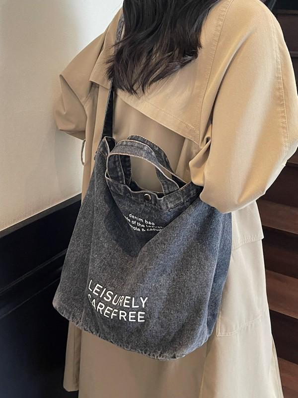 2025 Large Capacity Retro Denim Crossbody Bag with Letter Print - Korean Style for Women