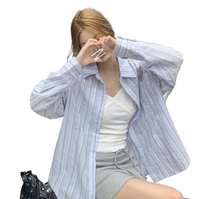 Ladies' Striped Shirt Women's Turn Down Collar Long Sleeved Blouse Summer New Version Korean Style Loose Versatile Casual Top