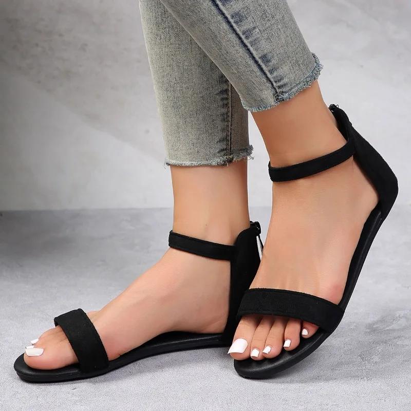Chic Womens Flat Sandals Comfortable Open Toe Summer Shoes with Lightweight Rear Zipper Perfect for Stylish Casual Wear