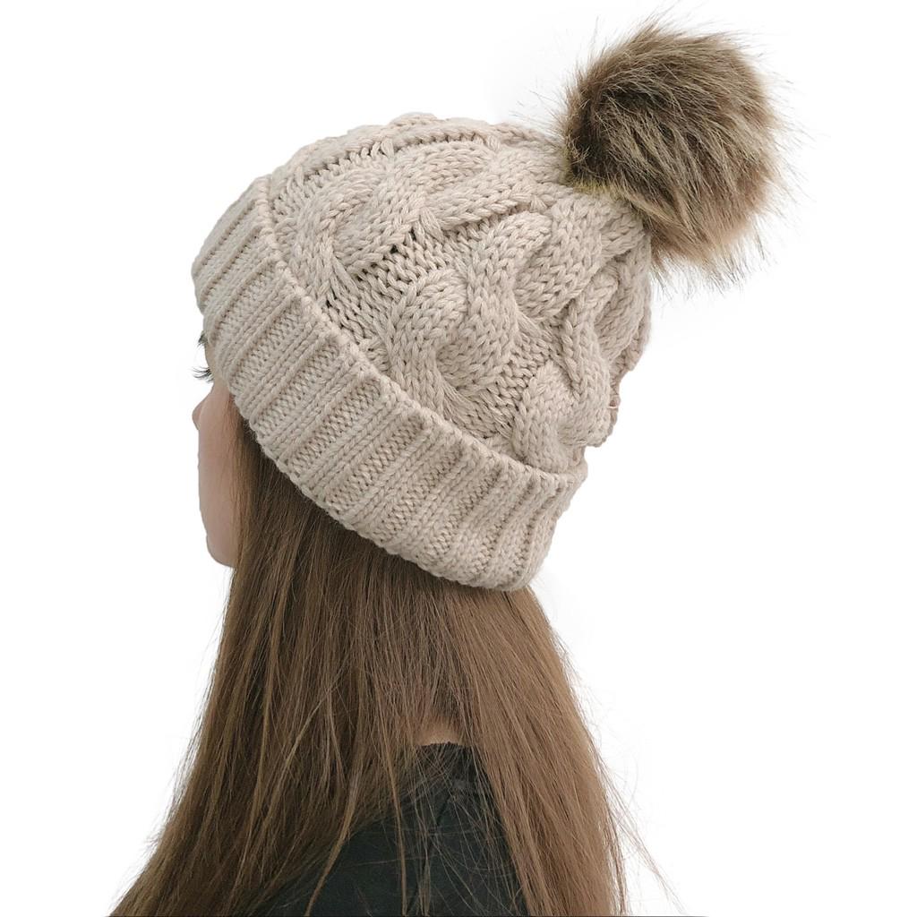 Women Casual Solid Color Patchwork Knitted Wool Yarn Pom Pom Warm Folded Brim Hat Winter Beanie Cap for Outdoor Activities