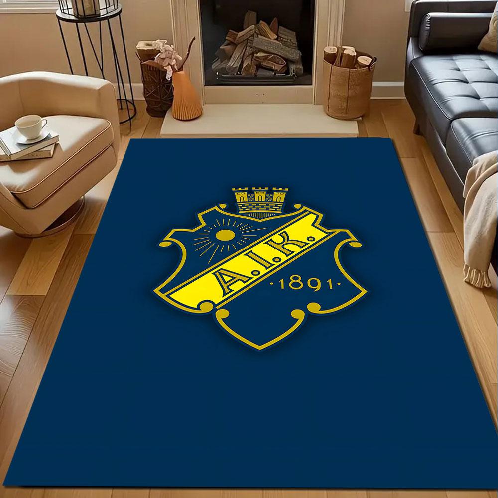 Yellow "A.I.K. 1891" Emblem On Blue Patterned Carpet, Non Slip Mat Suitable for Living Room and Bedroom Sofas