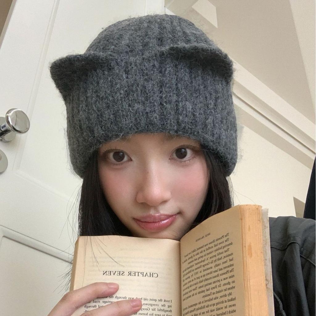 Three-dimensional Cat-ear Knitted Wool Hat, Autumn/Winter Vertical Warm and Cold Hat, Cute Girlish Versatile Pullover Hat