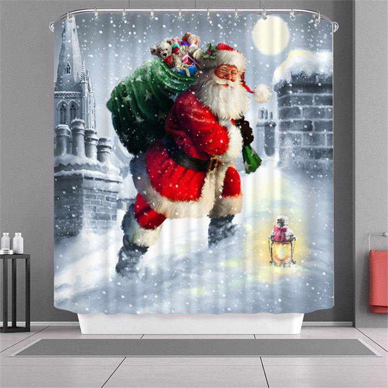 Curtain Shower Christmas With Hook Waterproof Fabric Bathroom Santa Xmas Claus
