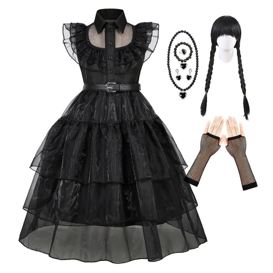 Costume Cosplay Enfant Mercredi Addams avec Robe en Mousseline pour les Fêtes d'Halloween
