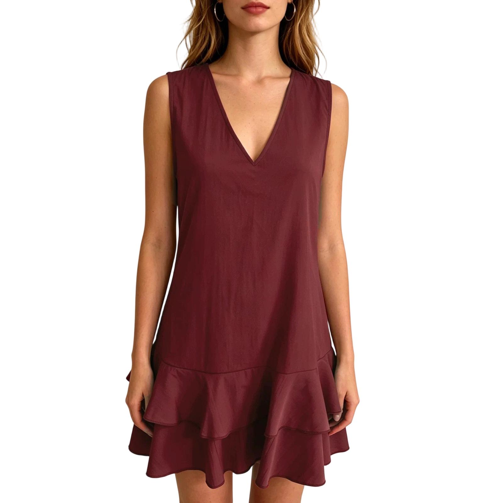 Women s Sleeveless V Neck Dress Summer Casual Comfortable Ruffle Hem Loose Fit Lightweight Layered Mini Dress XL винный