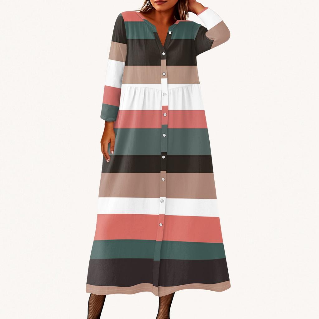 Damen Modisches Bedrucktes Rundhals Siebenviertelarm Knopf Lockeres Hemdkleid