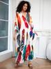 EDOLYNSA Plus Size Kaftan Bohemian Multicolored Leaves Printed Summer Long Beach Dress Women Homewear Outfit Swim Suit Cover Up Loose Caftan