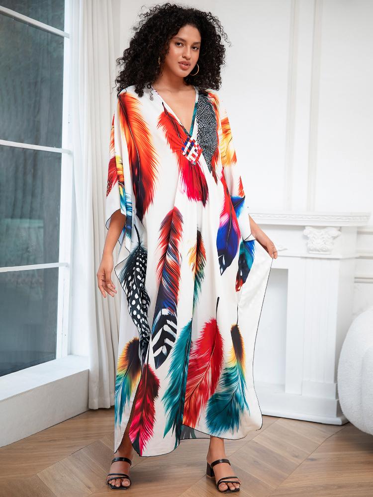 EDOLYNSA Plus Size Kaftan Bohemian Multicolored Leaves Printed Summer Long Beach Dress Women Homewear Outfit Swim Suit Cover Up Loose Caftan