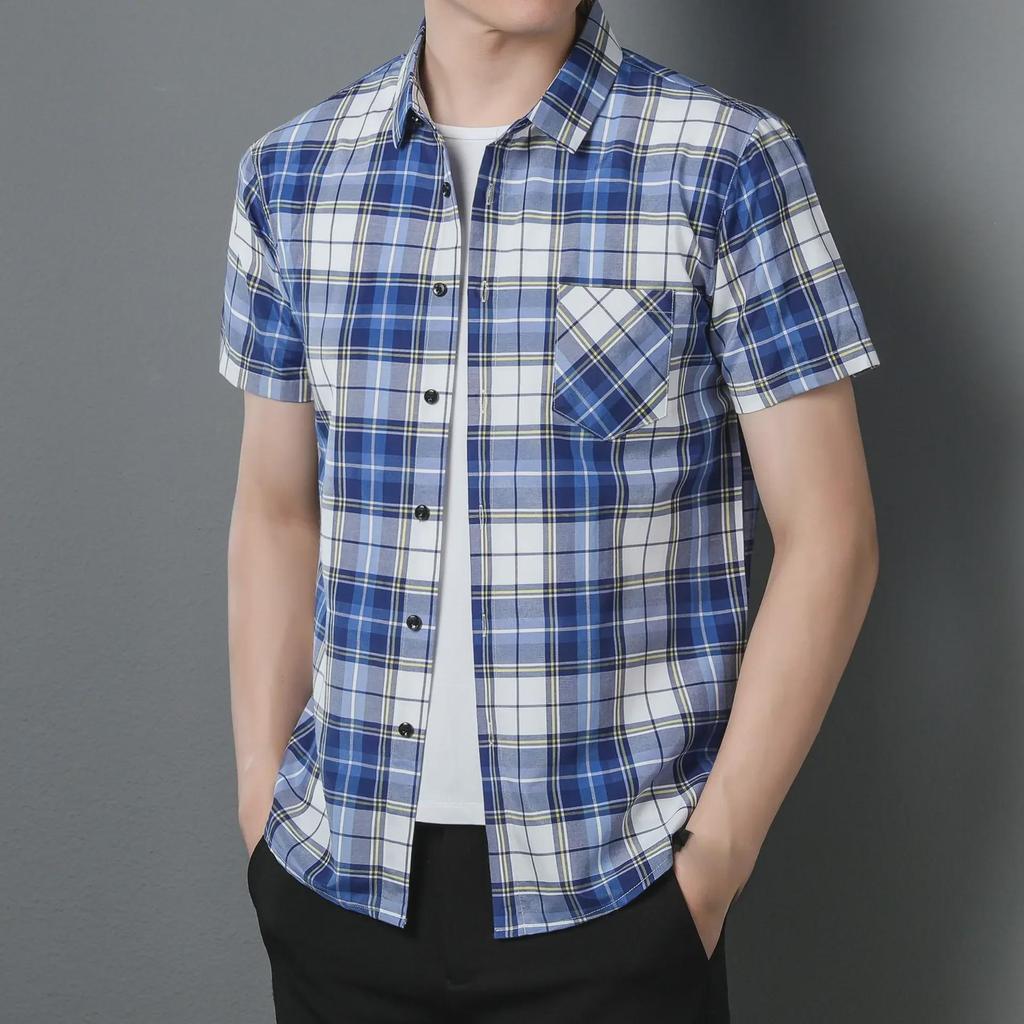 Men's Summer Plaid Cardigan Shirt - Short-Sleeve, Korean Style, Non-Iron Casual Lapel Top