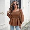 QICED Women's Fashion Casual Autumn Winter Solid Color Print Long Sleeve Square Collar Blouses & Shirts