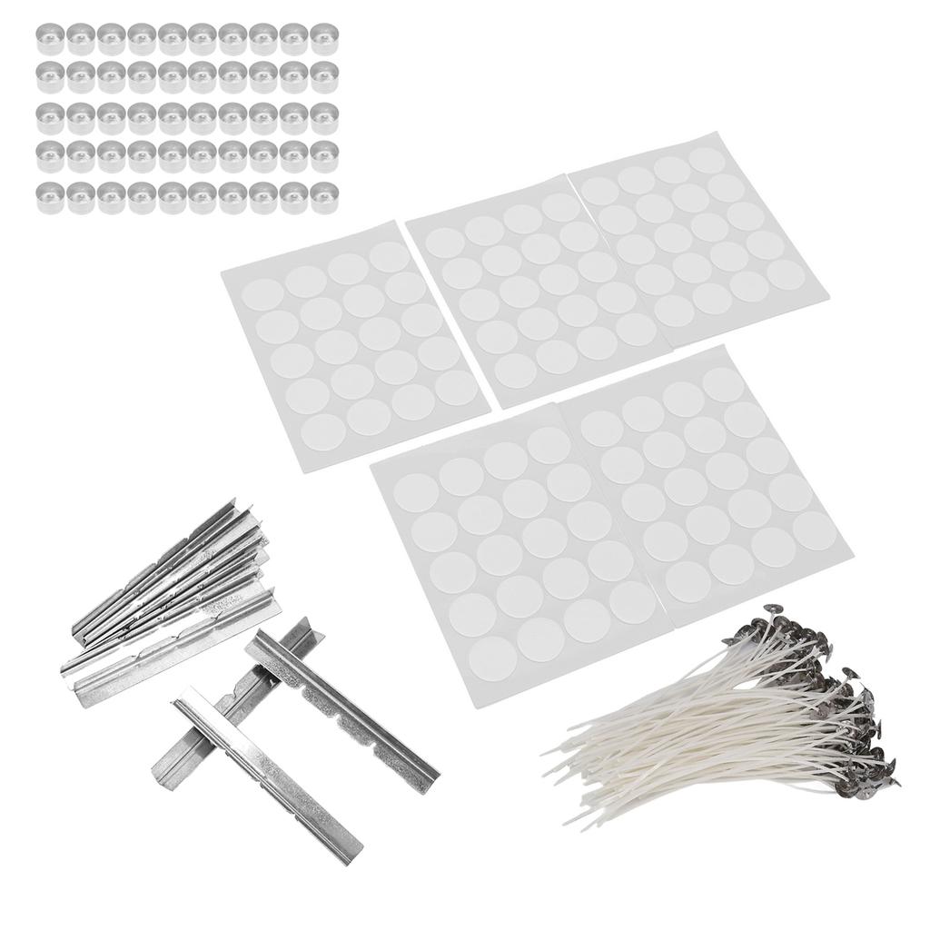 260pcs 15cm Candle Wicks 100Pcs Double Sided Tape Stickers 50Pcs Candle Shells 10Pcs Stainless Steel Wicks Holders