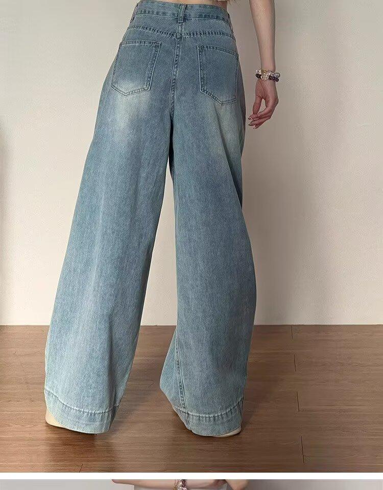 Plus Size Retro Wide-Leg Denim Pants for Women - Autumn Loose Fit, Slimming, Pear-Shaped Body