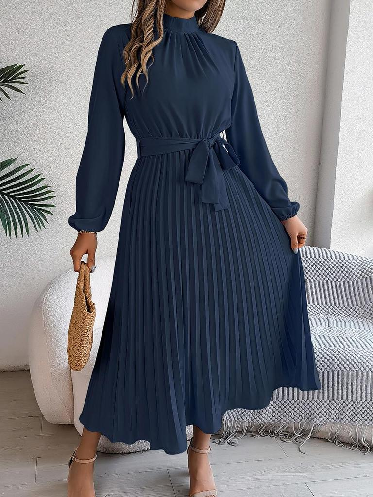 Fall Elegant Stand Collar Long Sleeve Ruched Waist A-Line Dress Women's Formal Wear