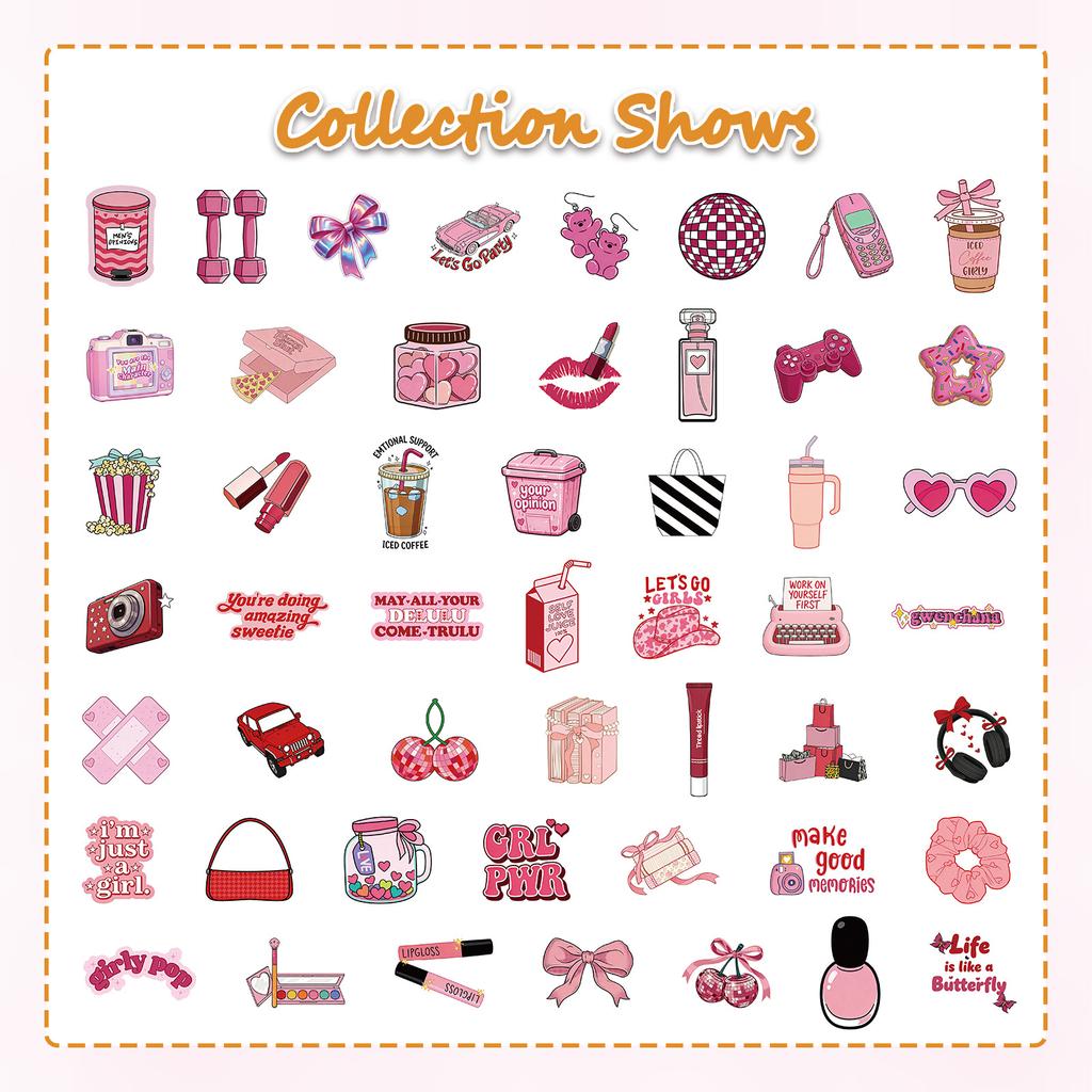 50 Sheets of Pink Aesthetic Sticker Notebooks, Water Cups, and Handbooks Stickers