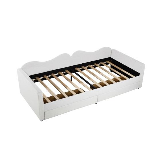 Fabric Cover Upholstered Bed with 2 Drawers Headboard Backrest Armrests Strong Wood Slat Support Bed Home Furniture