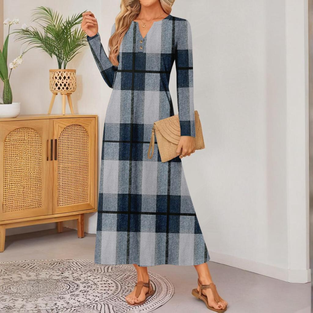 Damen Karomuster Langarm Bequemes Lockeres Kleid Elegantes Kleid