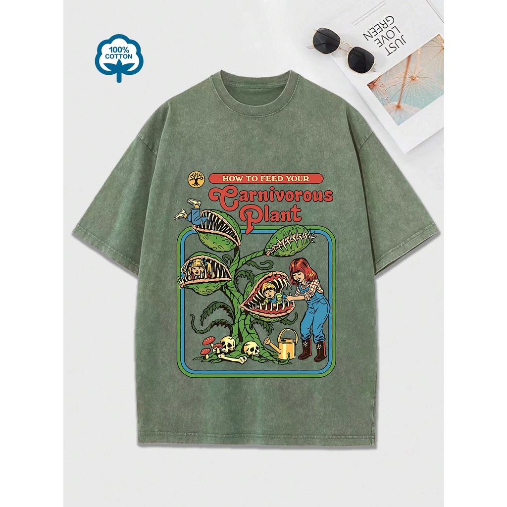 Chomper Comic Pattern Print Women Washed Tshirts Summer T-Shirt Breathable O-Neck Distressed Tee Shirts Soft Cotton Tops