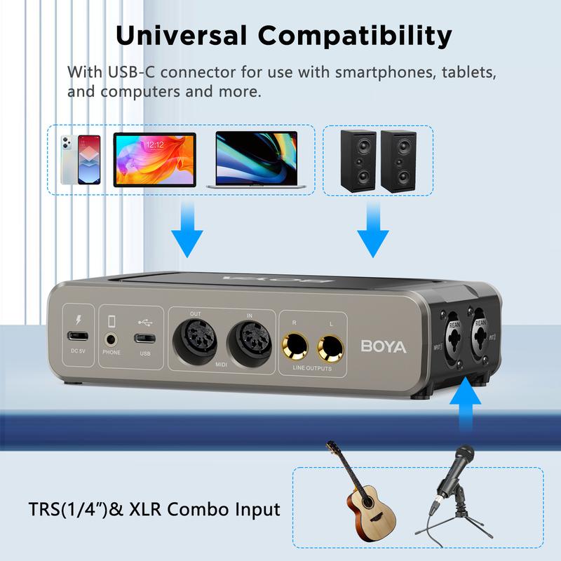 

BOYA BY-AM4 Dual-Channel Audio Interface for Amplifier Speakers Powered Monitors Headphones DJ setup Music Recording Streaming