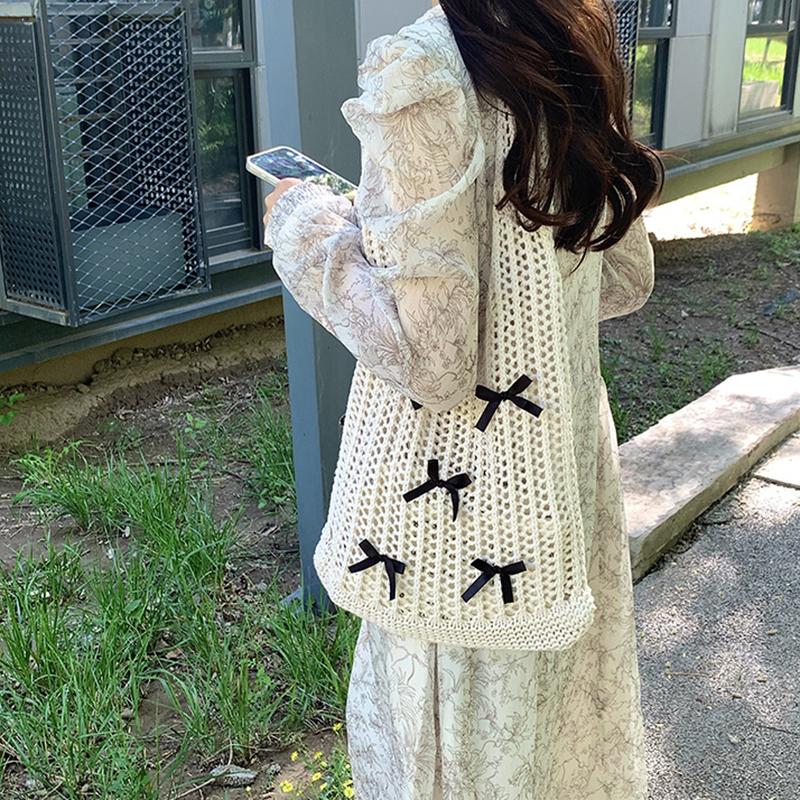 Yogodlns Bow Design Knitting Shopper Shopping Bag Female Shoulder Bags For Women Korean Fashion Soft Handbags Trend Travel Tote Bag