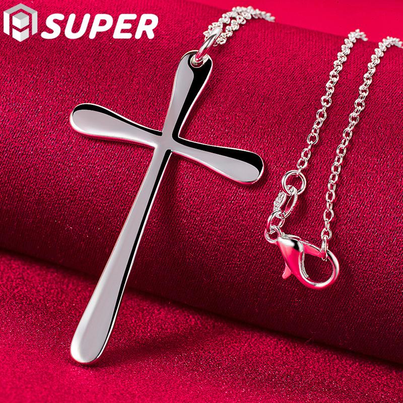 Superfeine Halskette mit flachem Kreuzanhänger aus 925er Sterlingsilber, 45,7 cm, für Damen, Hochzeitsmodeschmuck