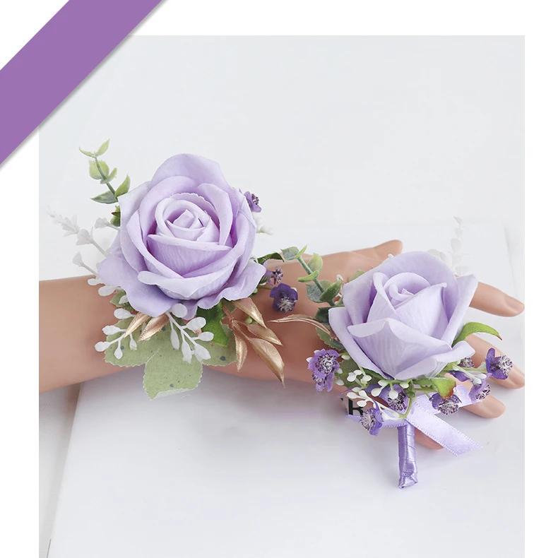 6pcs White Pink Corsage and Boutonniere Set Artificial Rose Wristlet Suit Flower for Men Wedding Party Prom Decoration
