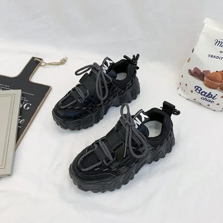 

y98 Модные кроссовки с пряжкой на толстой подошве для женщин 2024 года, дышащие сетчатые кроссовки на платформе для женщин, повседневная обувь для бега на шнуровке 35 чёрный
