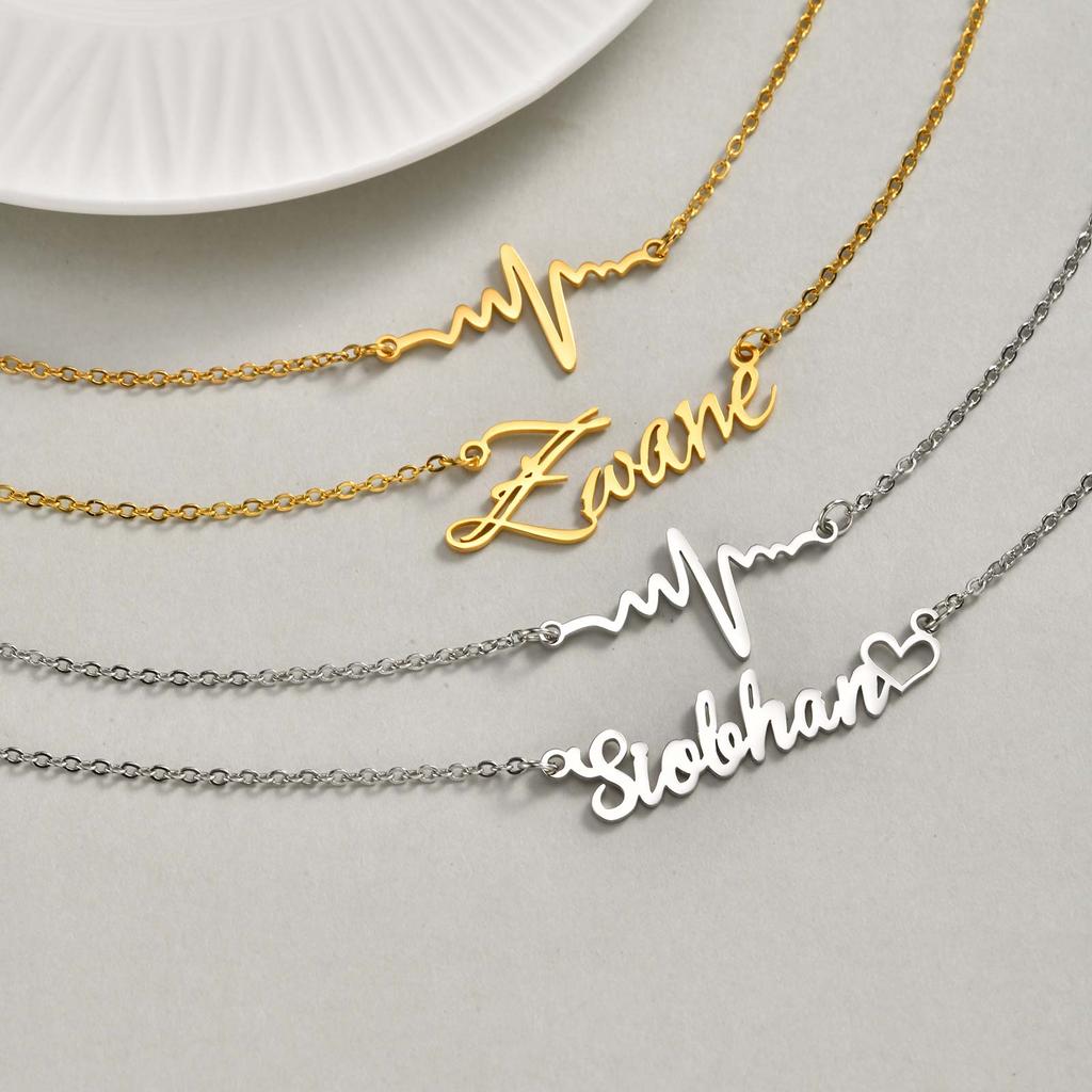 Double-Layer Free Customized Name ECG Cross Necklace for Women Rolo Chain Stainless Steel Necklaces,Personalized Jewelry Gift