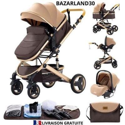 Poussette 3 En 1 - Marron - Réversible - Haute Qualité - Roues Increvables