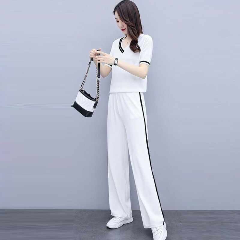 Summer Sports Suit for Women, Fashionable, Slim, Short-sleeved, Wide-leg Pants, Casual Two-piece Set