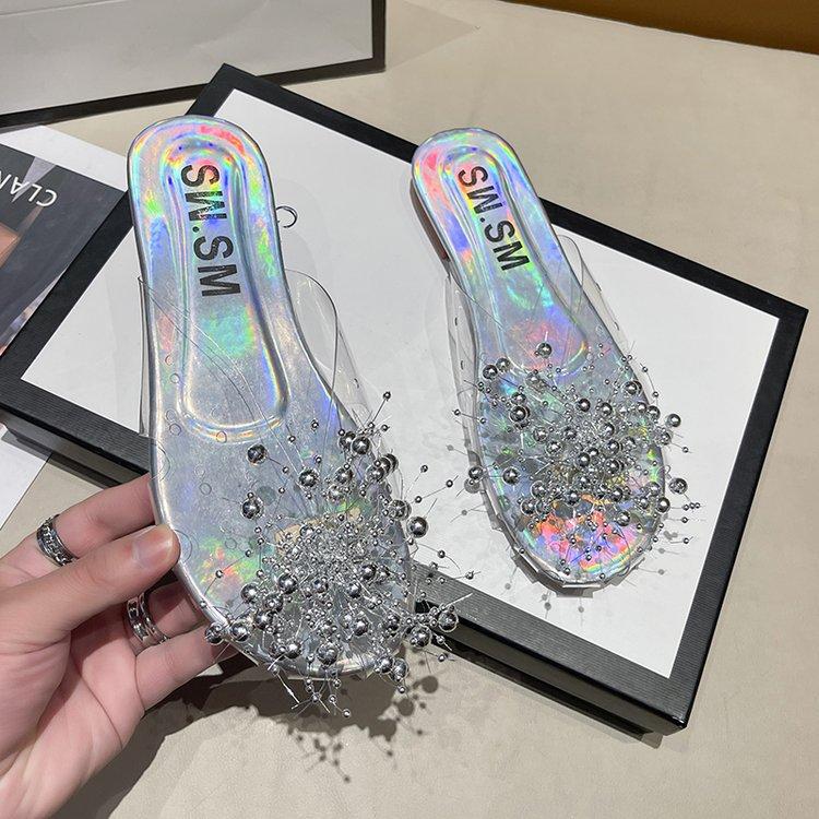 

[Armano] Baotou semi-slippers women s summer wear flat-bottomed rhinestone bows transparent soft-bottomed fish mouth cool slippers 35