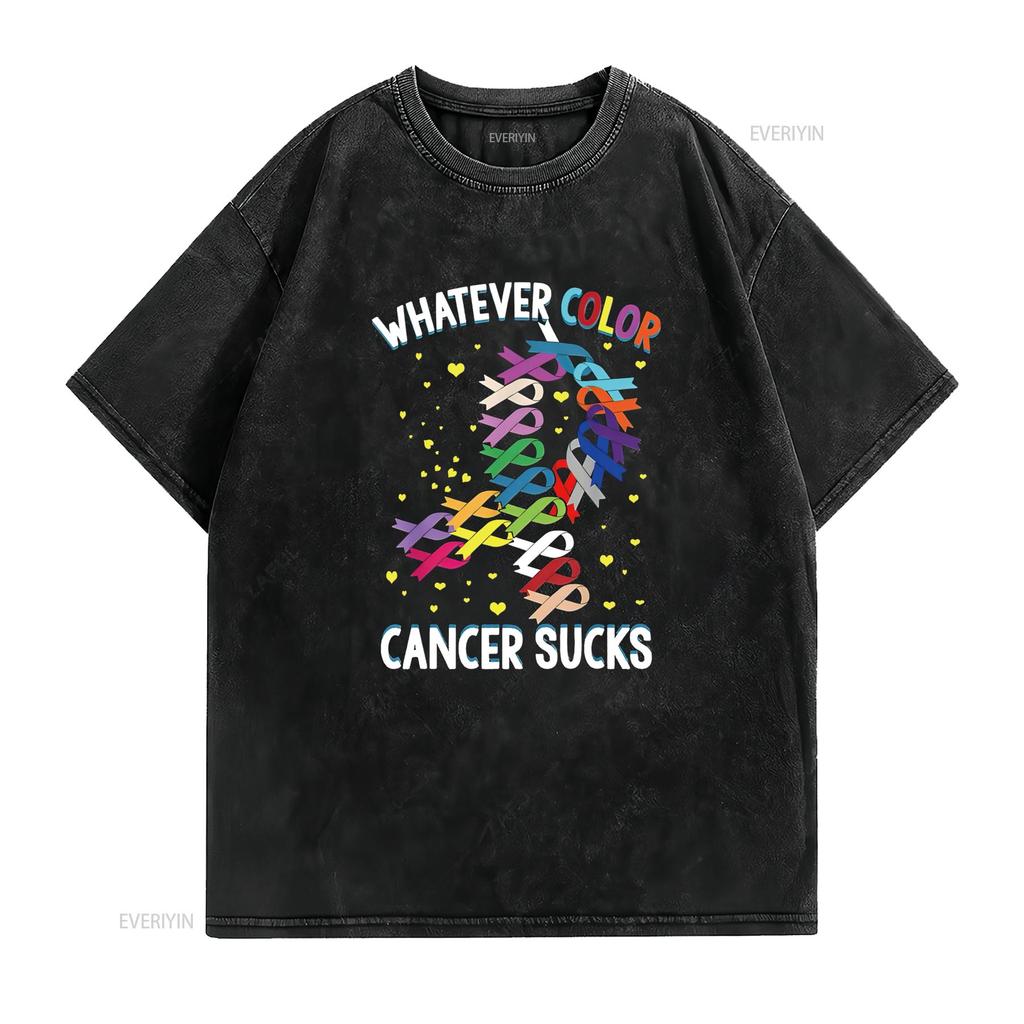Womens Cancer Awareness T Shirt Whatever Color Sucks Black vintage Washed streetwear Top For Everyday Wear Stylish Breathable