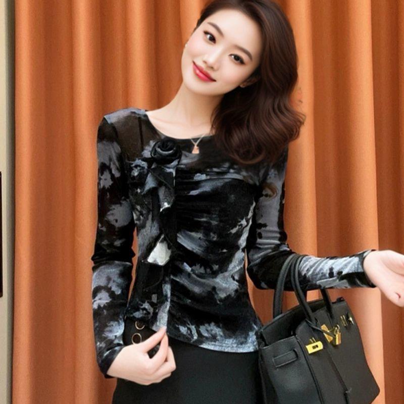 

Осень Новая Сетка Неровный Низ Базовая Рубашка Длинный Рукав Модная Универсальная Западный Стиль Принтованная Футболка Топы для Женщин L серый