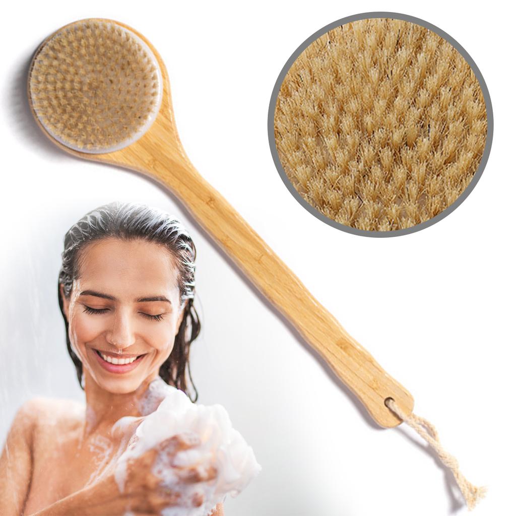 Natural Bristle Long Handle Bath Brush Soft Hair Bath Brush Bathroom Body Brushes Mud Back Scrubber Shower Massage Brush