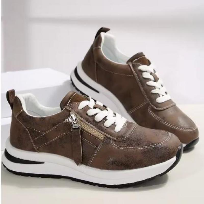 Fashion Women Leather Sneakers Spring Platform Sneakers Casual Brown Sneakers Thick Bottom Sport Shoes Anti Slip Flats Vulcanized Shoes