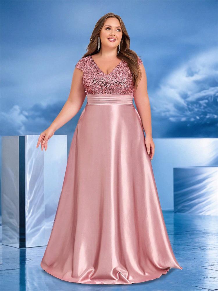 Elegant V-Neck Sequin Evening Gown - Satin A-Line Long Dress for Women