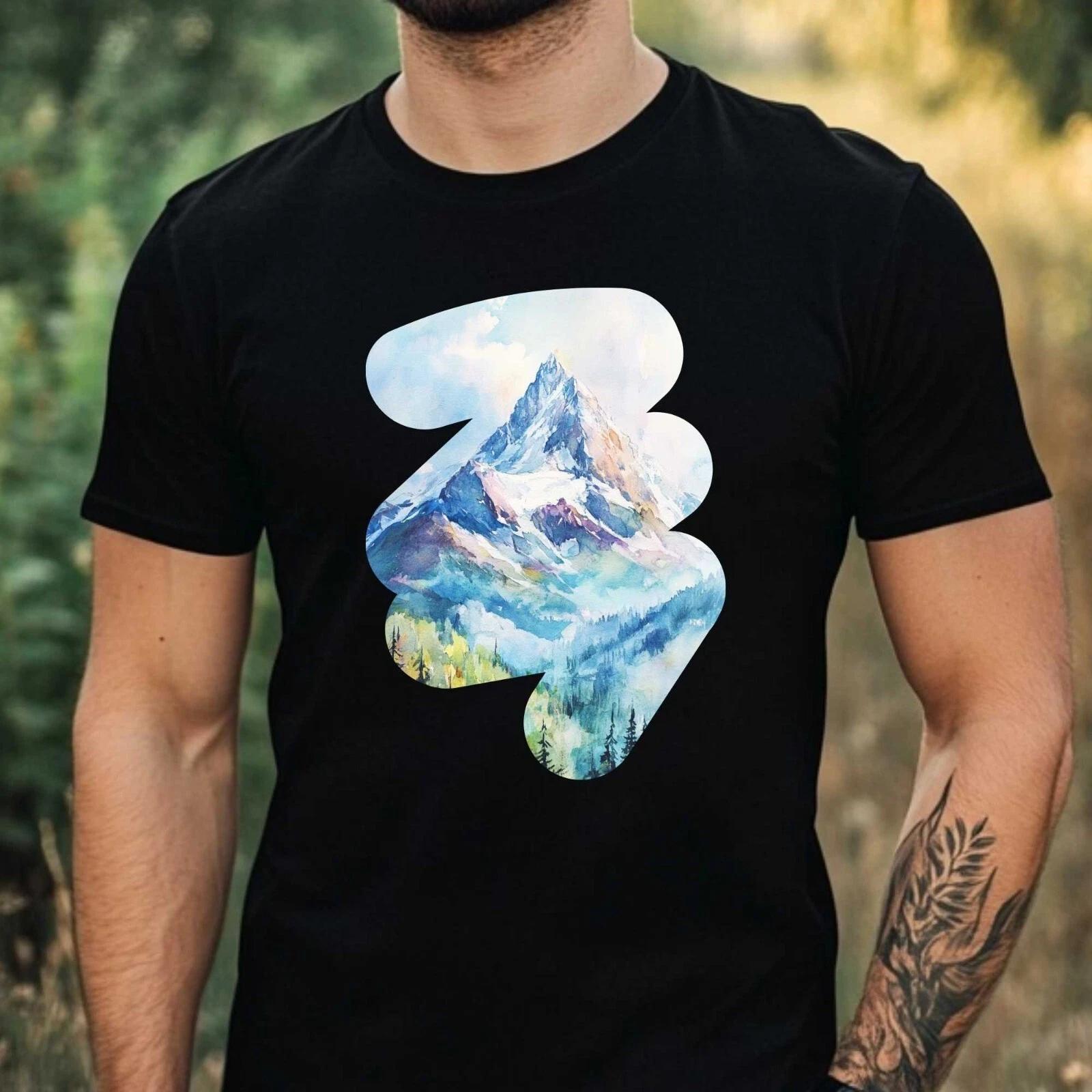 T-Shirt Herren Aquarell Berglandschaft Motiv Baumwolle Größe XS bis 5XL L