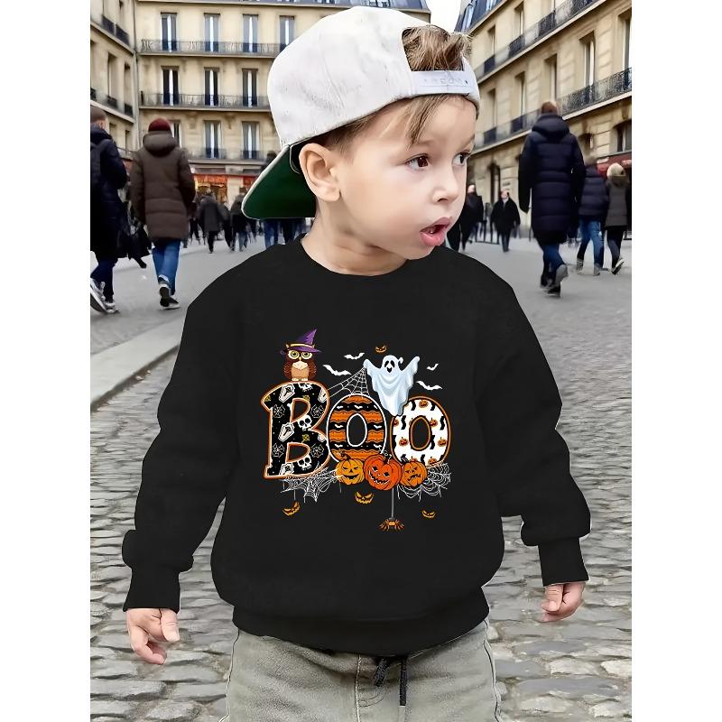 Boys' Halloween Boo Cat Casual Pullover Warm Sweatshirt for Outdoor and Everyday, Fun Designs, Comfortable Simple Autumn Winter