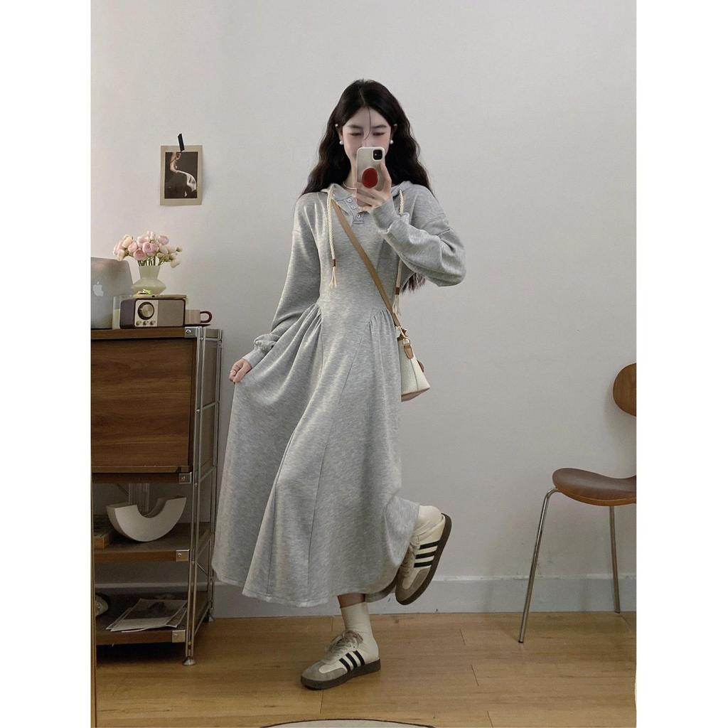 Autumn and Winter Gray Hooded Long-sleeved Dress, New Early Autumn Casual Korean Wear with Waist Sweater Long Dress