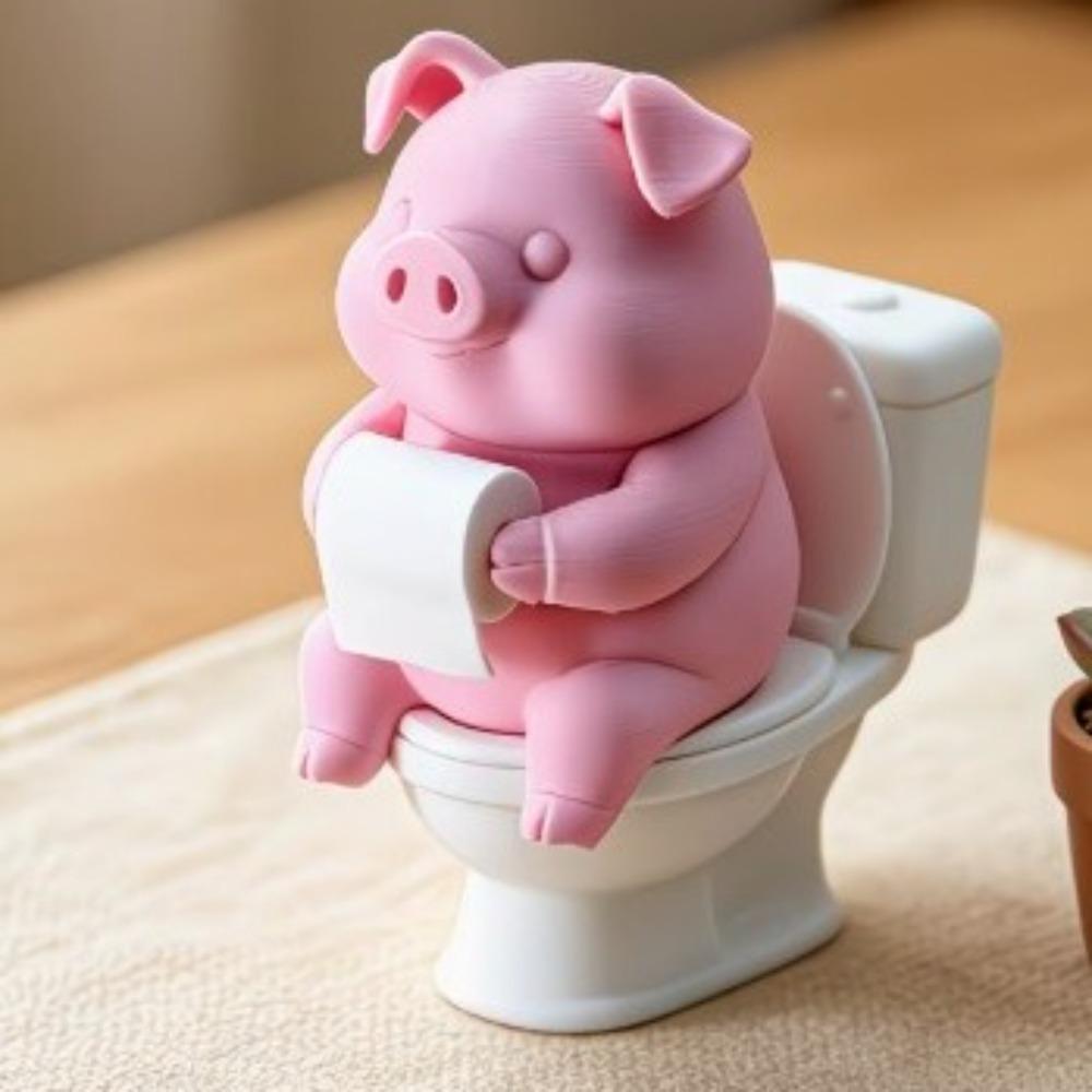 Plastic Pig Desktop Ornaments Cartoon Pig Sitting on Toilet Pig Figurine Home Office розовый